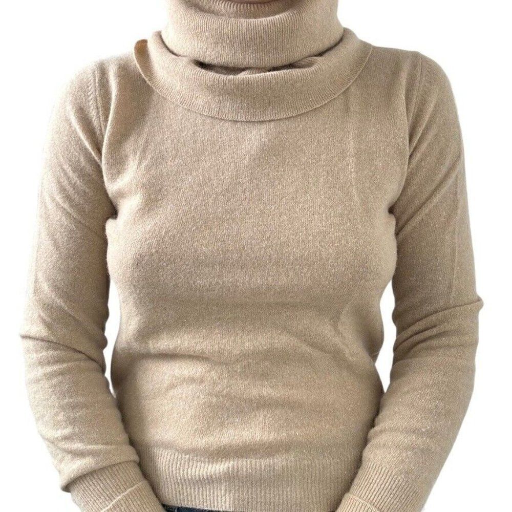 Vintage Womens Tan Lambswool Angora Blend Minimalist Turtleneck Sweater Sz M